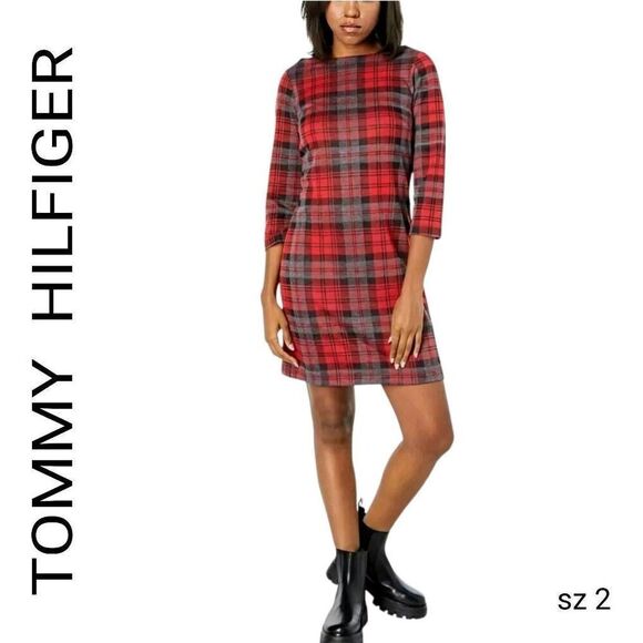 Tommy Hilfiger 3/4 Sleeve Red Plaid Lynton Stretchy Soft Knit Sheath Dress - Picture 1 of 9